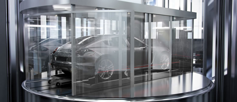 Car Elevator no Porsche Design Tower: O chamado Dezervator é um elevador de altíssima tecnologia que transporta os residentes dentro do carro para os apartamentos.