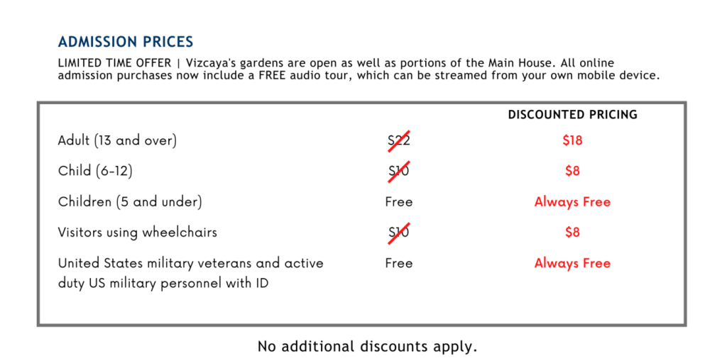 Tabela de preços Vizcaya Museum & Gardens em Miami
