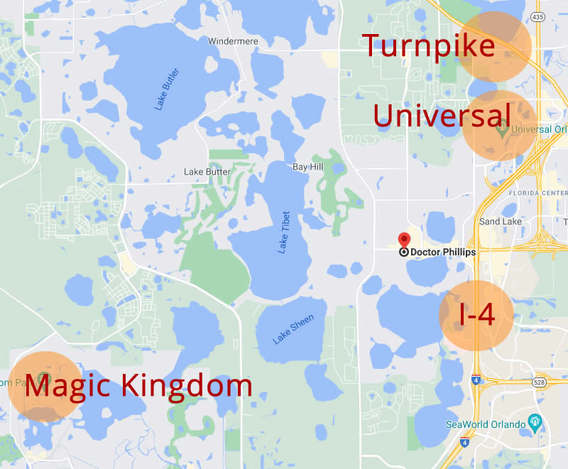 Mapa de Dr. Phillips mostra a proximidade com as principais rodovias e atrações de Orlando